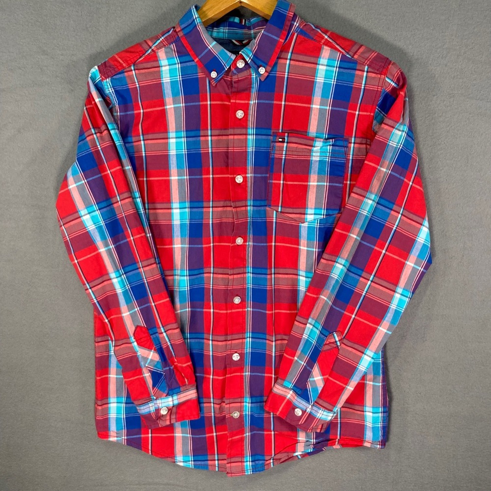 Tommy Hilfiger Plaid Shirt Mens XL Red Blue‎ Button Down Cotton Stretch